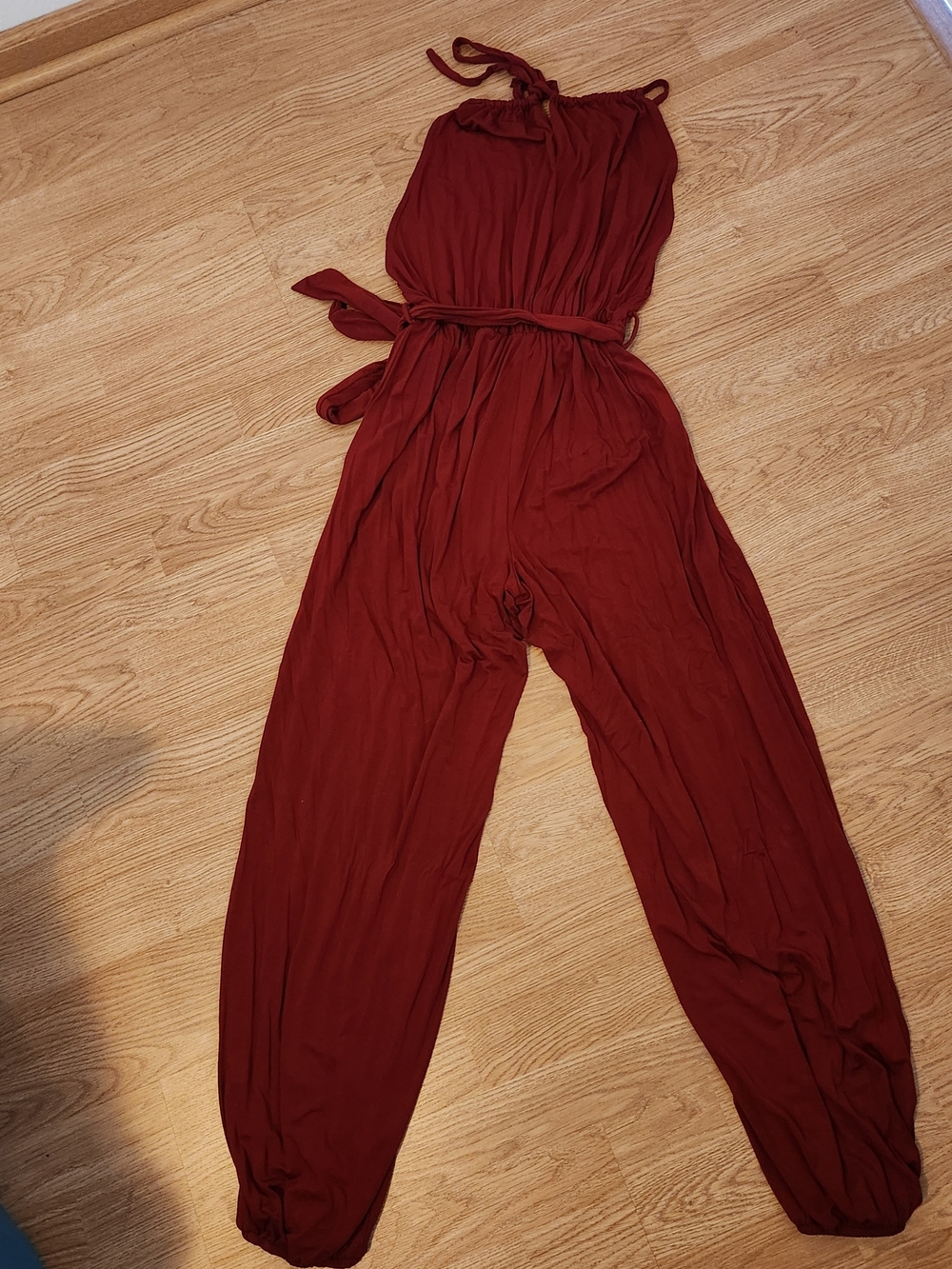entro Wine Halter Jumpsuit with Tie Waist and Legs With Elastic Cuffs And Slits